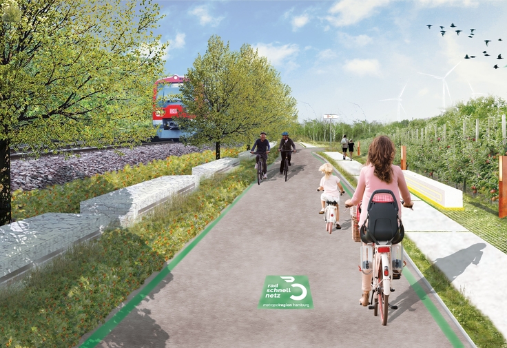 Montage eines künftigen Radschnellweges entlang einer Bahntrasse