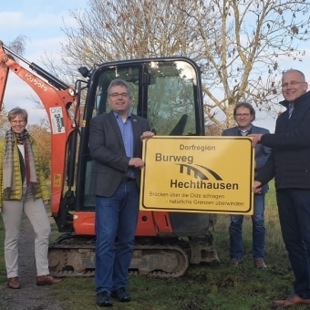 Akteure stehen vor einem Bagger und halten ein Schild hoch